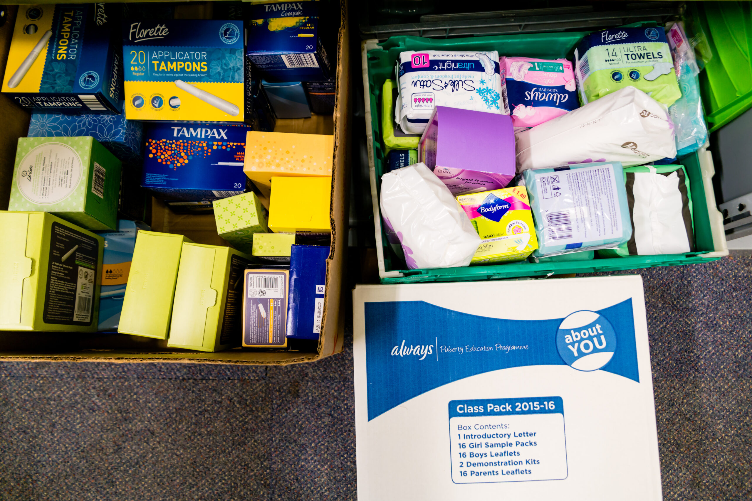 boxes of tampons, pads