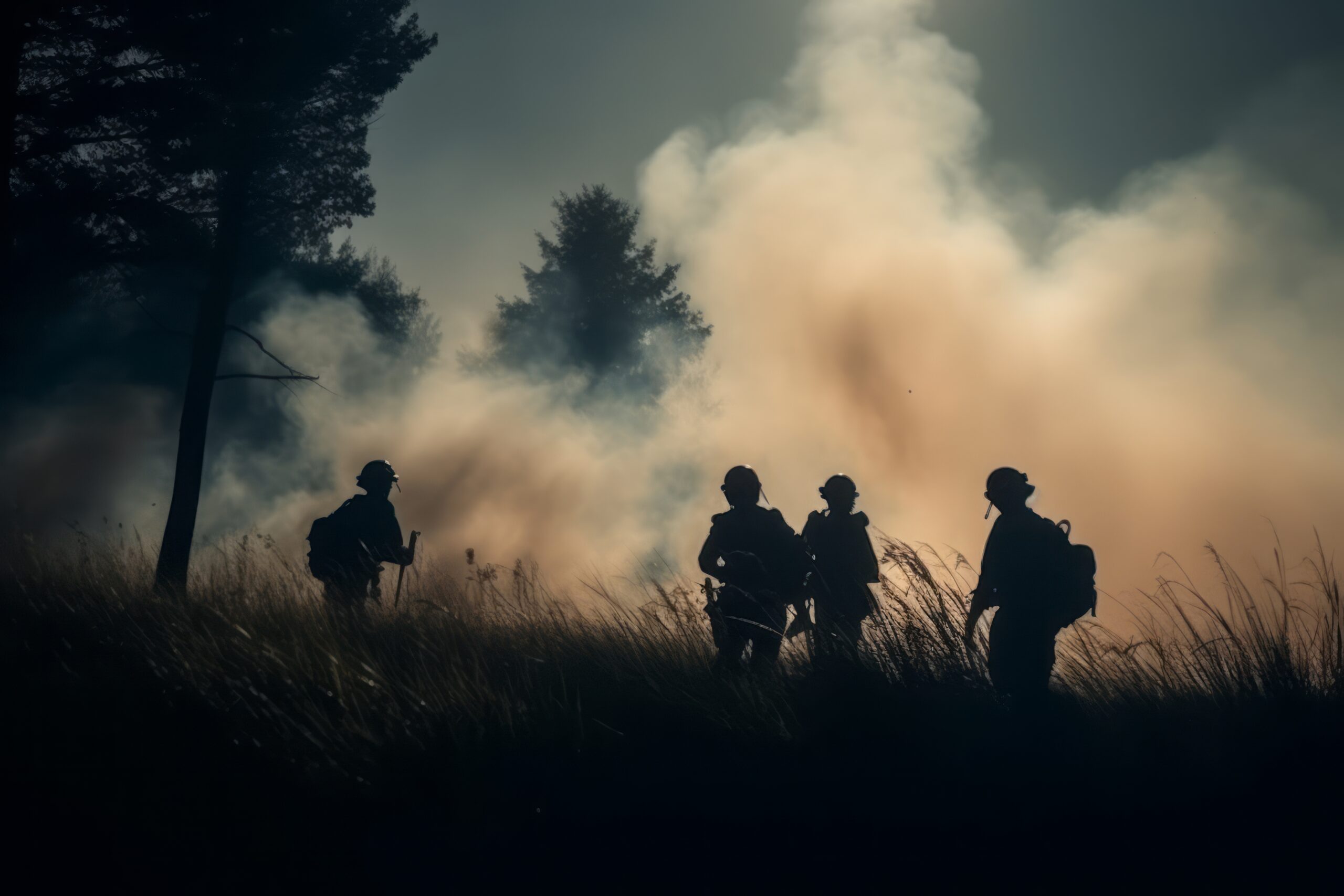 Four firefighters silhouetted by the smoke of a burning forest fire.