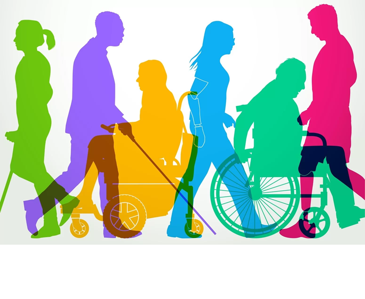 Colourful silhouettes of disabled people walking different directions