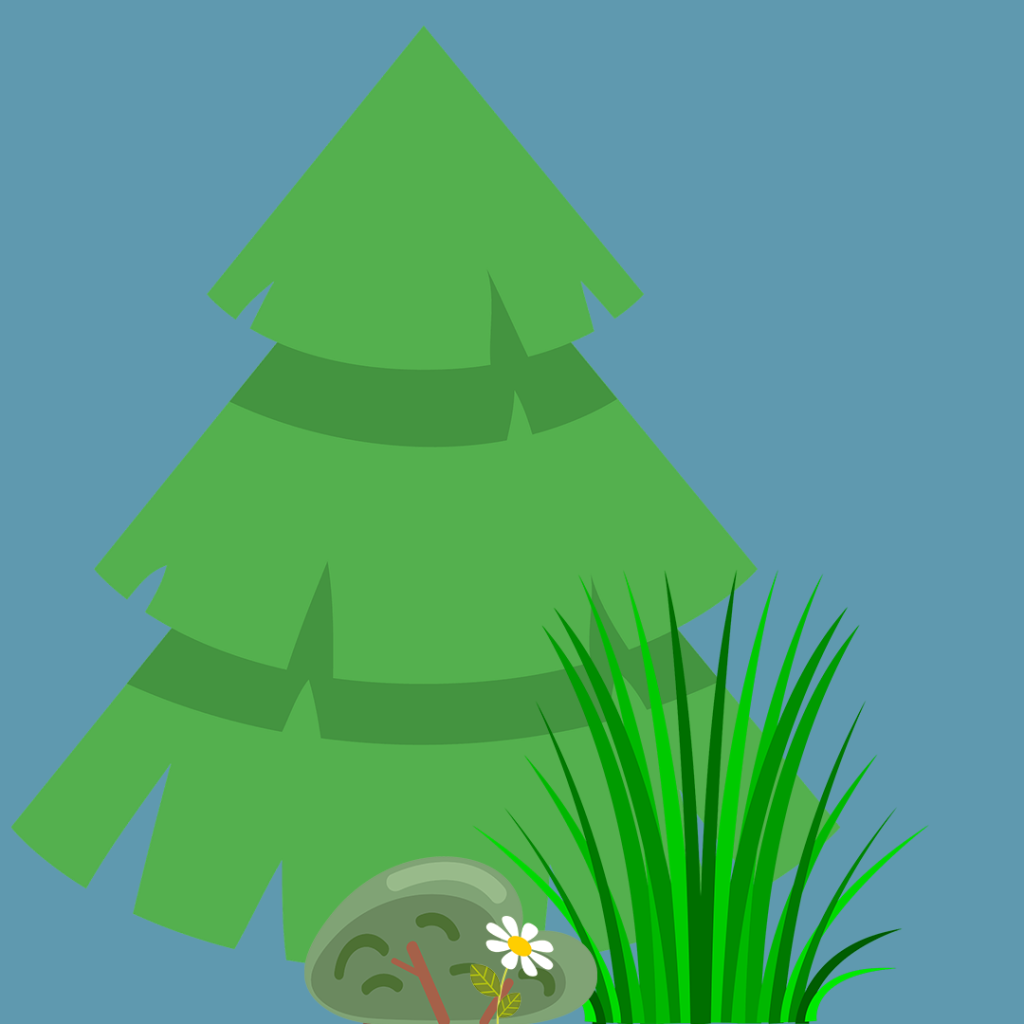 A digitally drawn microcosm that shows a flower being sheltered by a shrub, which is being sheltered by a grass, which is being sheltered by a spruce tree