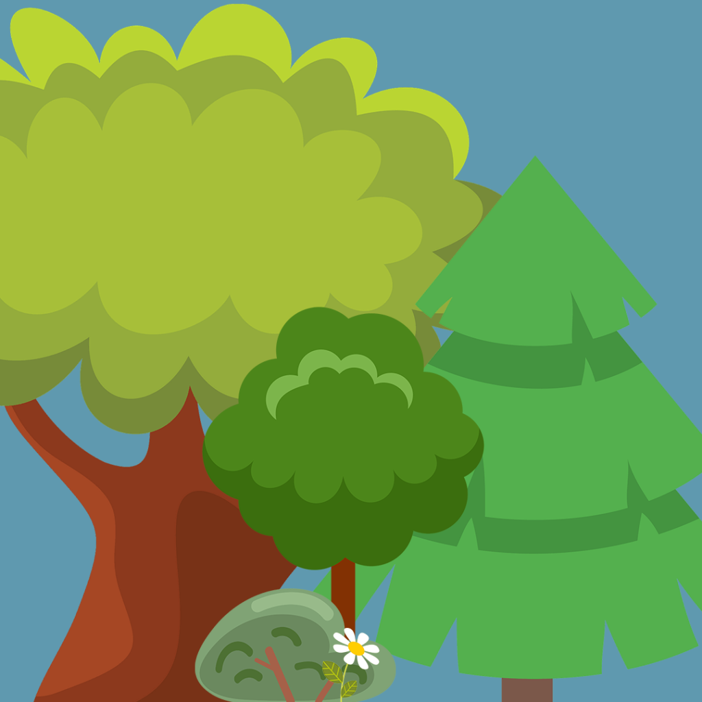 A digitally drawn microcosm which shows a flower being sheltered by a shrub which is being sheltered by an understory tree which is being sheltered by a spruce tree which is being sheltered by a canopy tree