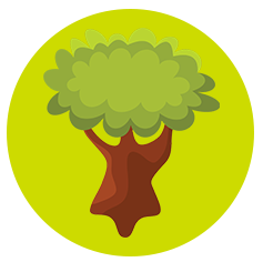 A digitally drawn oak tree inside a pea green circle