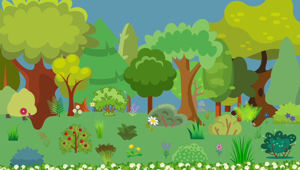 A digitally drawn forest. There is a wide variety of plants that include a patch of clovers, dandelions, lavender, daisies, zinnias, ferns, grasses, shrubs, bushes, understory trees, trees, and canopy trees.