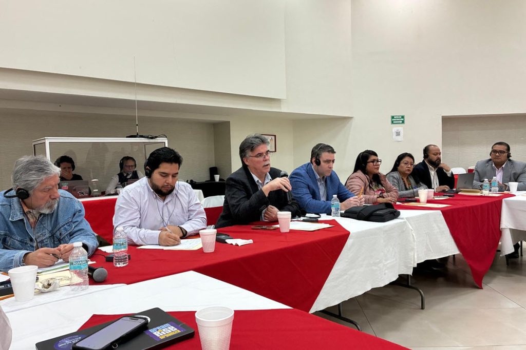 NUPGE President Bert Blundon, joined by NUPGE Board member and MGEU President Kyle Ross leading the health care session in Mexico 2026